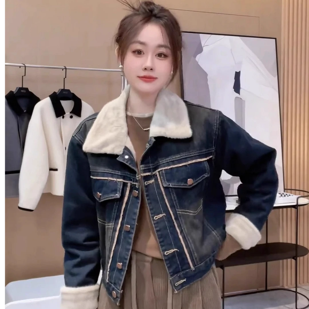 彩俏芝 加绒加厚牛仔短款外套女2024冬季时尚洋气毛绒翻领夹克