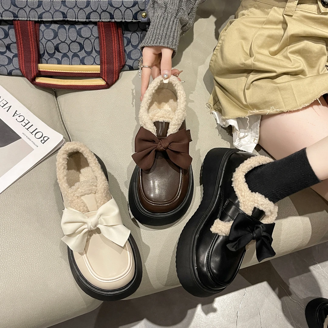 日系厚底松糕蝴蝶结冬季小皮鞋女2023年秋冬一脚蹬保暖舒适棉鞋潮