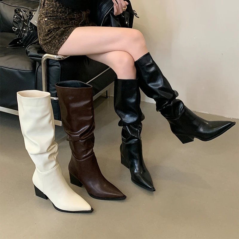搭扣尖头粗跟高跟长筒靴气质百搭不过膝堆堆靴小个子长筒靴胖妹妹