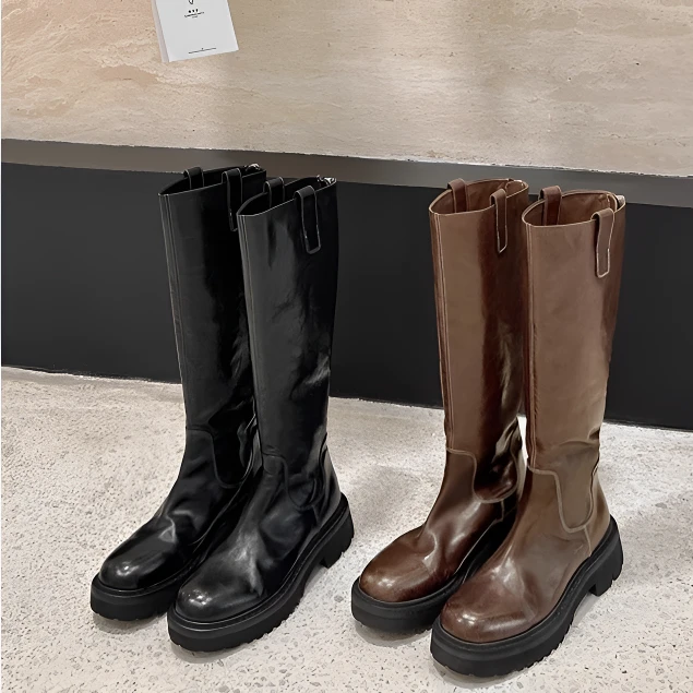 高品质马皮圆头厚底粗跟显瘦瘦靴中高筒骑士靴子女长筒靴秋冬百搭