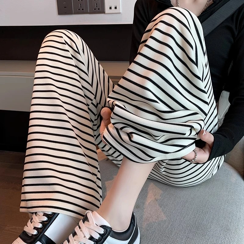 斑马纹休闲裤子小个子夏季薄款垂感直筒裤条纹宽松显瘦遛弯裤外穿