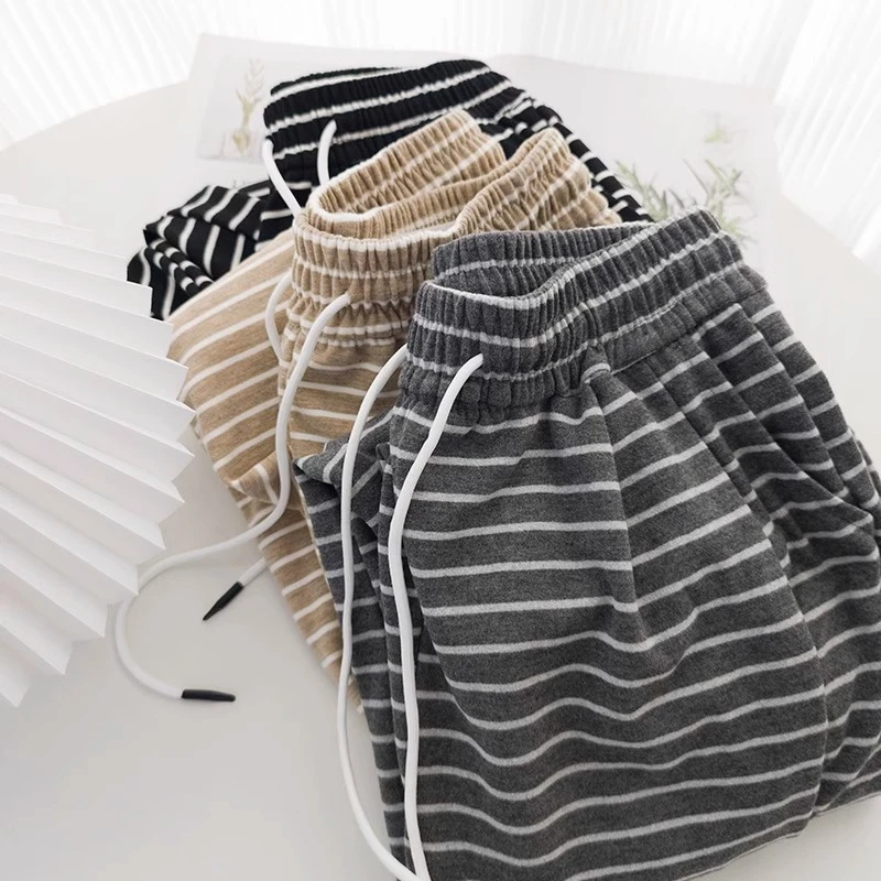 垂感横条纹糯米裤春秋舒服休闲裤女宽松小个子阔腿长裤百搭高腰潮