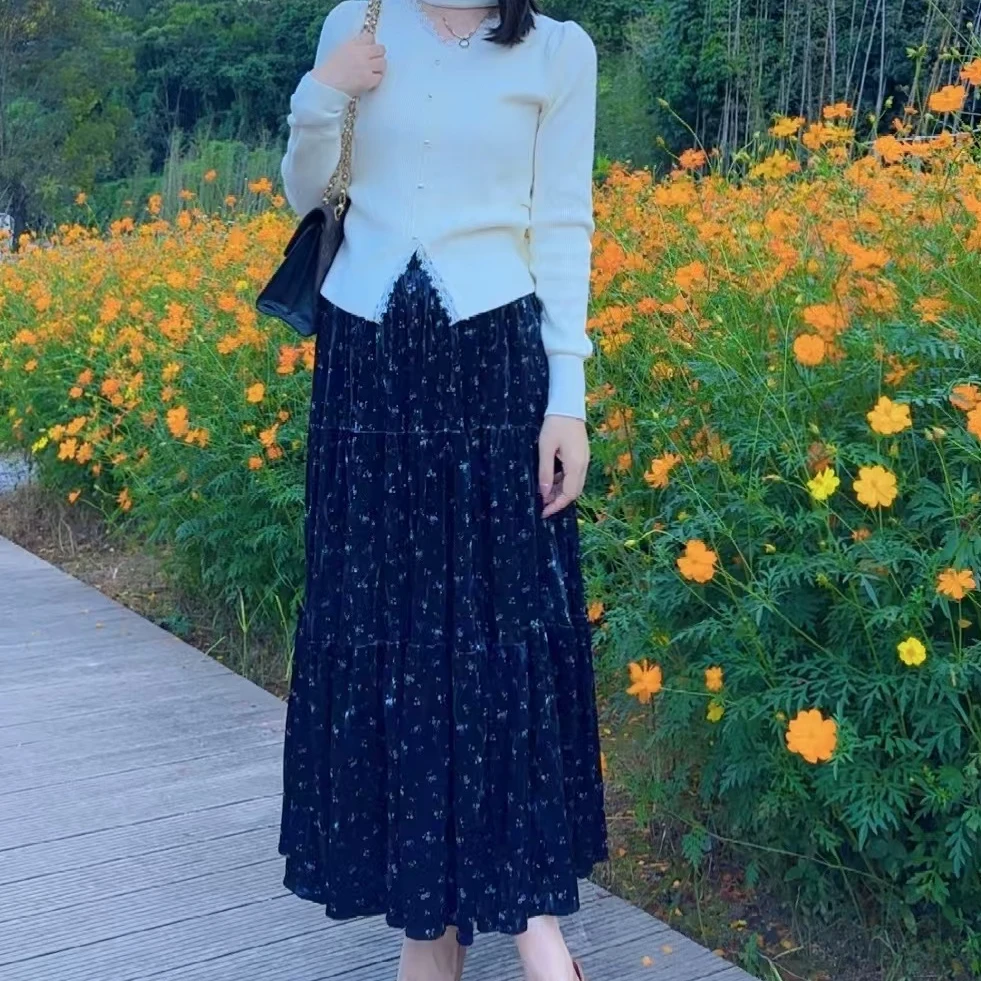 碎花丝绒半身裙女2024秋冬新款929