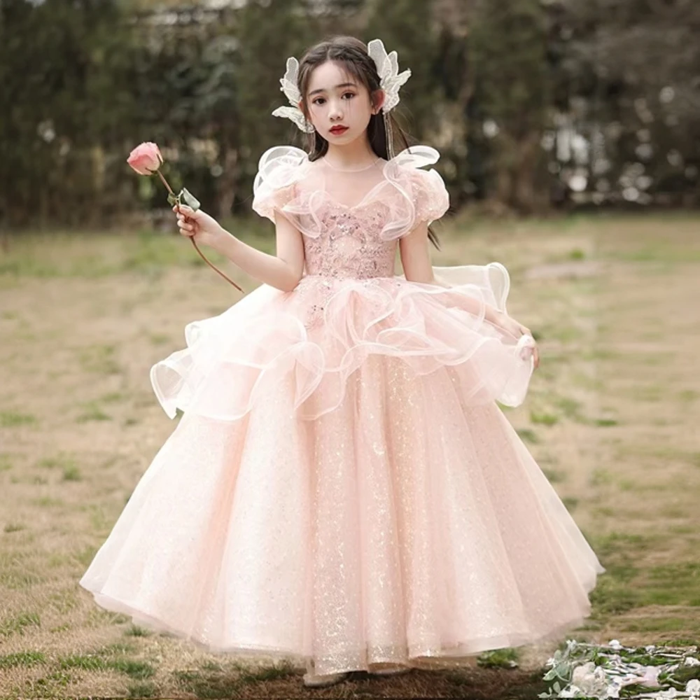 粉色女童礼服轻奢小众高端儿童生日公主裙花童主持人钢琴比赛走秀