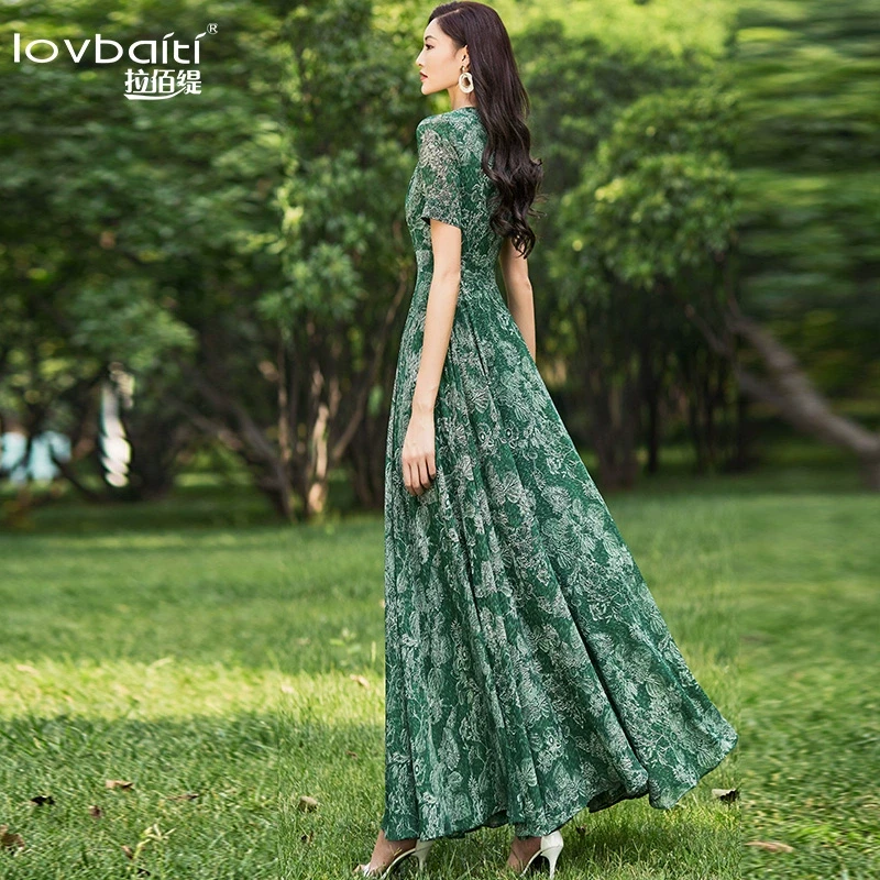 绿色连衣裙高端2023流行气质修身显瘦复古裙过膝长裙脚踝仙气462