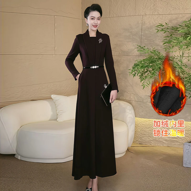 墨黛紫色冬季加绒连衣裙2025新款显瘦气质修身加厚优雅长裙3055
