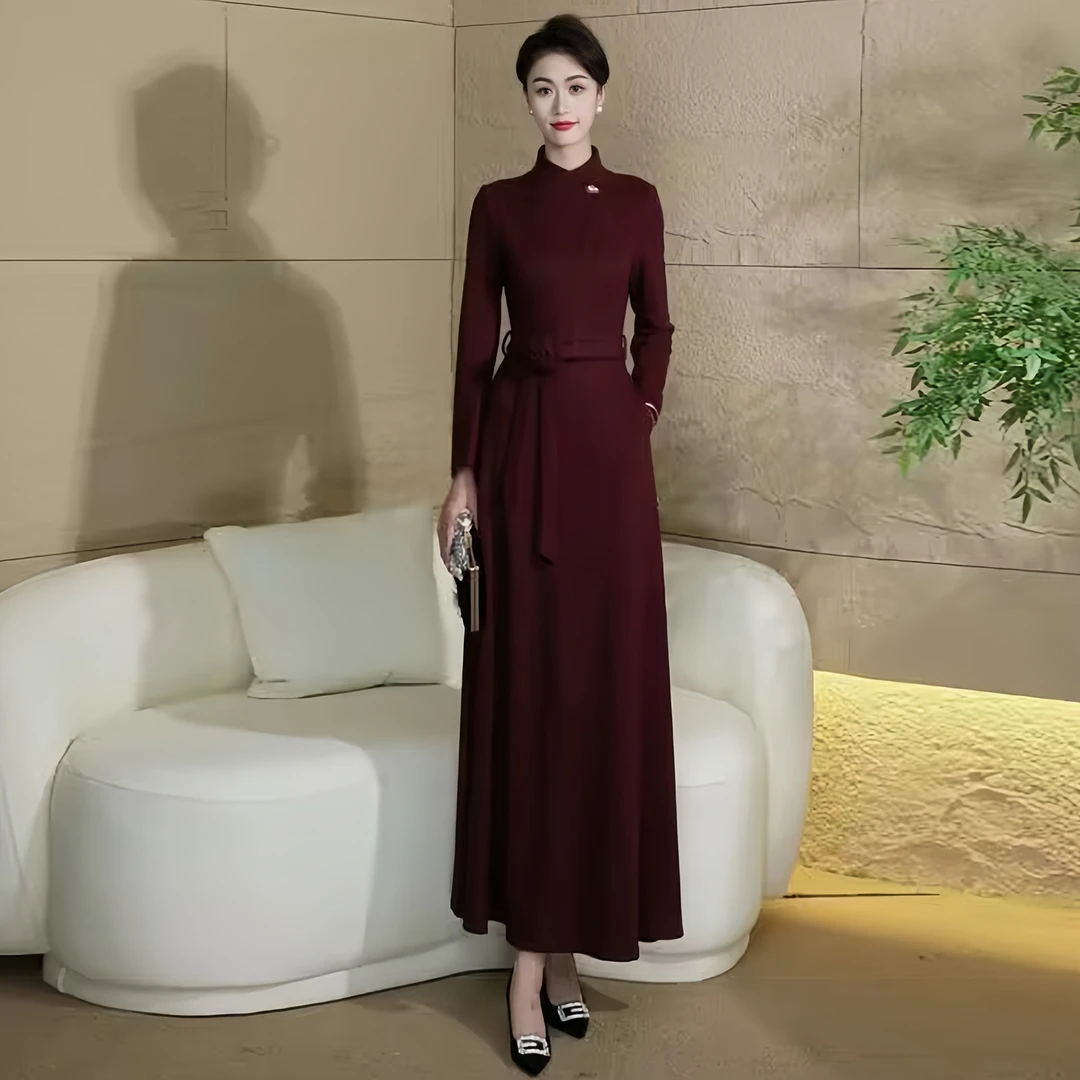 安可拉红秋冬时尚连衣裙2025年新款修身显瘦气质加厚长款裙子3021