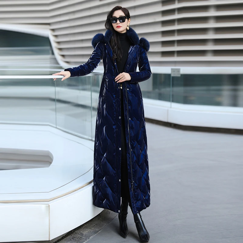 深蓝免洗长款羽绒服女冬季2023新款高级感好看显瘦白鸭绒外套1004