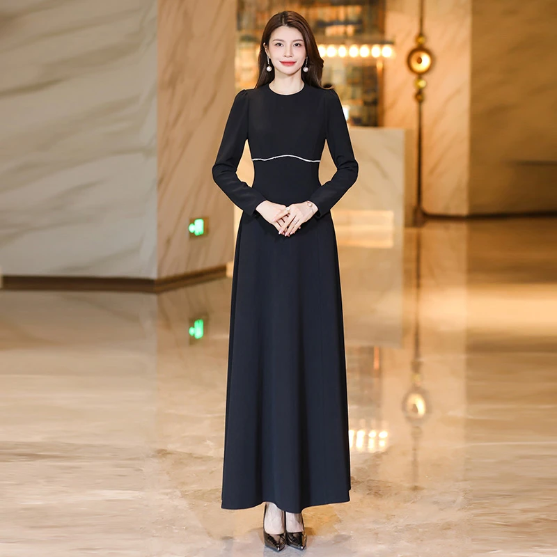 黑色秋季收腰长袖连衣裙女秋季2024新款高贵名媛范洋气长裙子1183