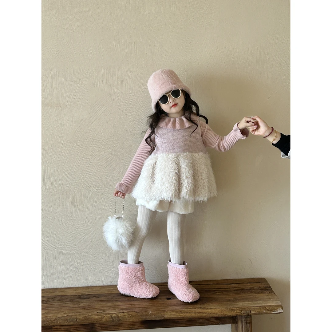 小粉象 ·冬季新款女童中小童毛绒拼接加厚背心裙毛绒短裙套装