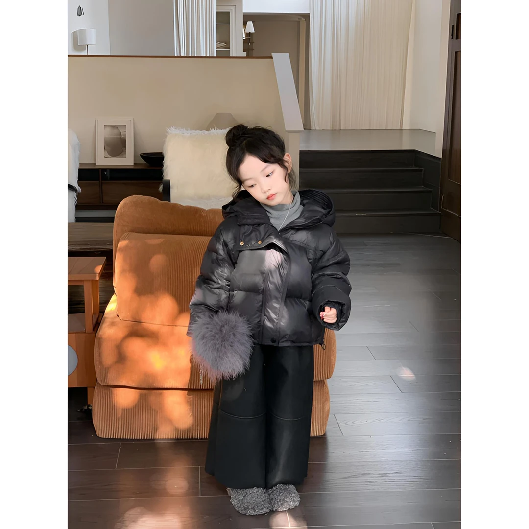 小粉象 ·冬季新款女童纯色连帽羽绒服保暖外套洋气百搭皮裤套装