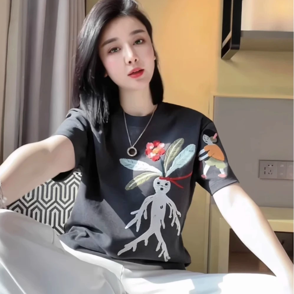 2024春夏新款重工刺绣人娃娃圆领短袖T恤女欧货宽松百搭显瘦上衣