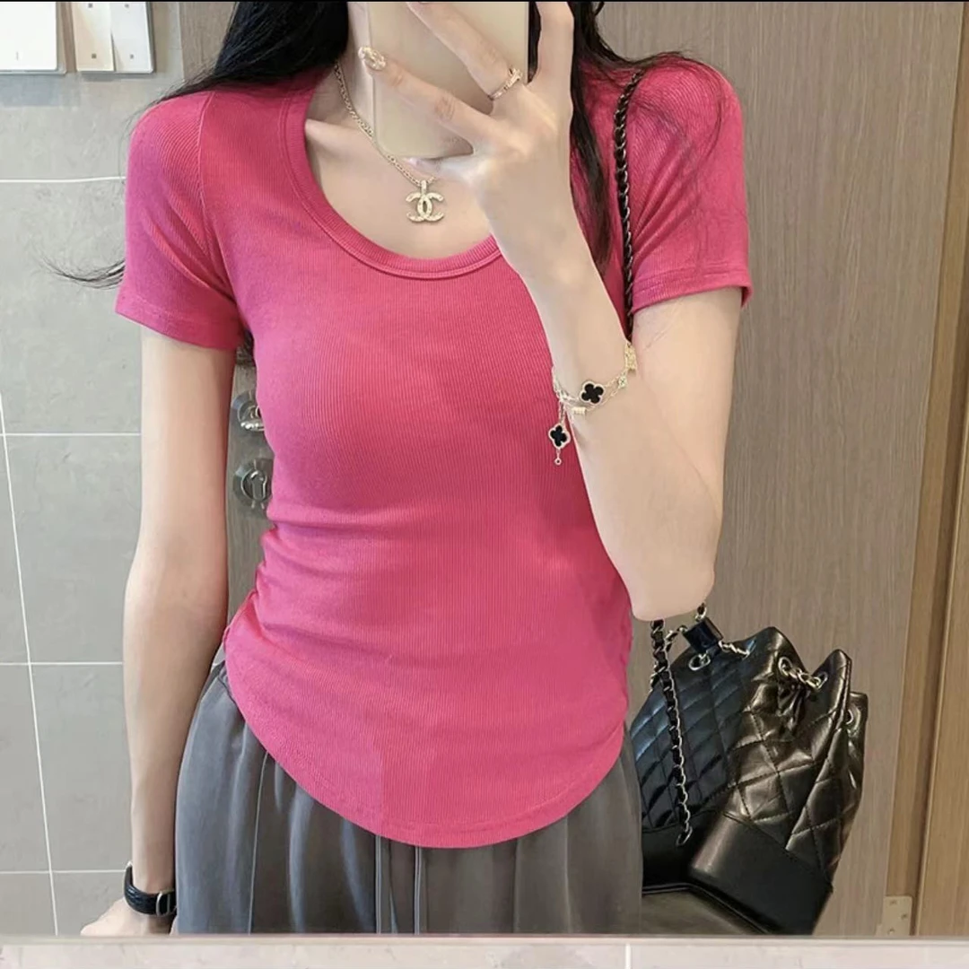 纯 棉短袖t恤女夏季短款水滴U领卡腰不规则弧形下摆半袖上衣潮