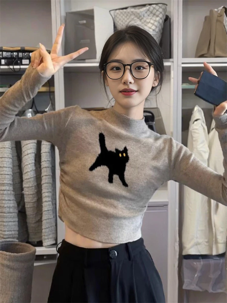 毛衣半高领长袖针织衫女2023新款女装短款修身上衣小个子百搭ins