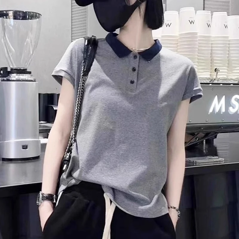 正肩灰色polo领短袖t恤女2024新款小衫高级感显瘦螺纹半袖上衣夏