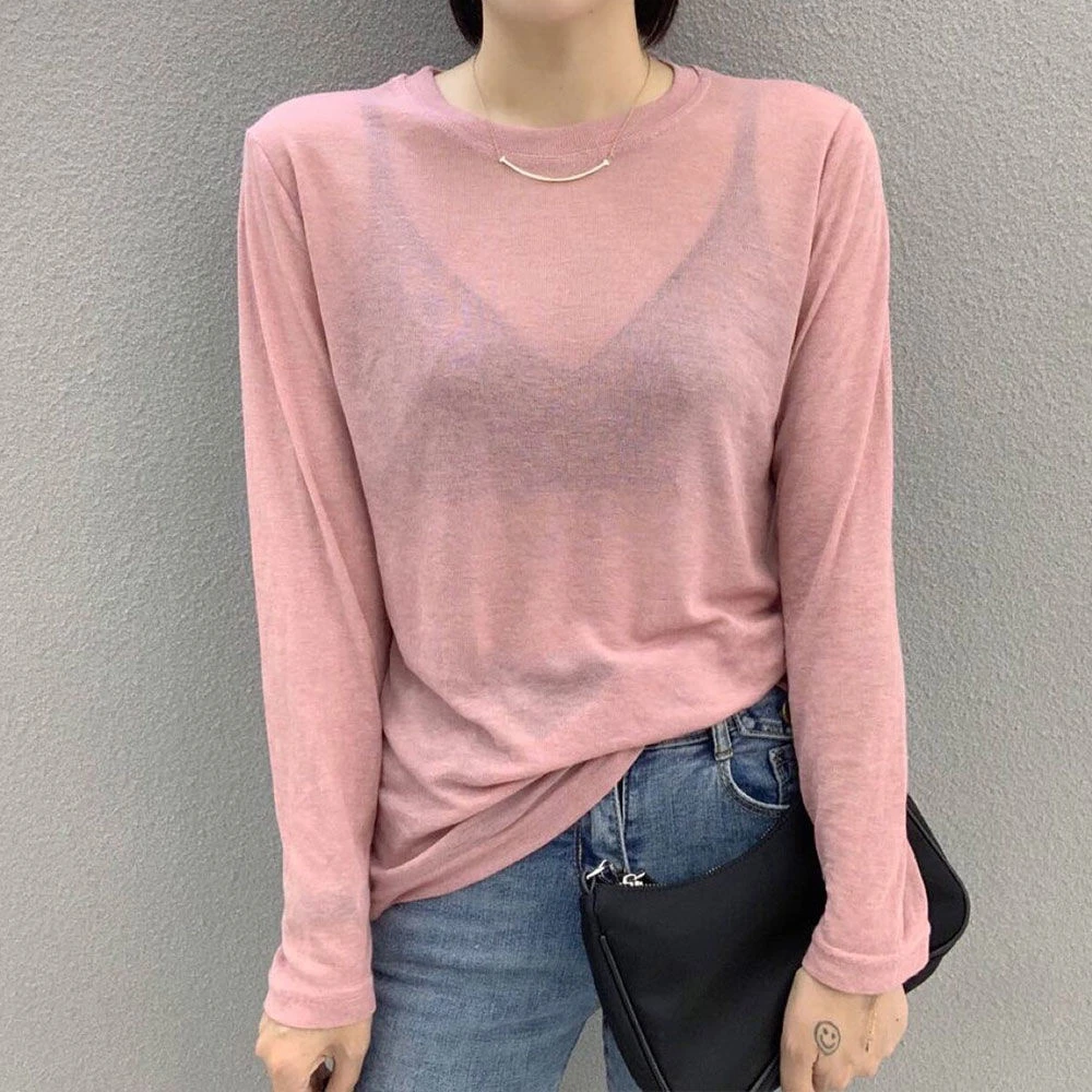 欧洲站2024年春秋新款面膜T恤长袖女粉色打底衫修身显瘦上衣薄款