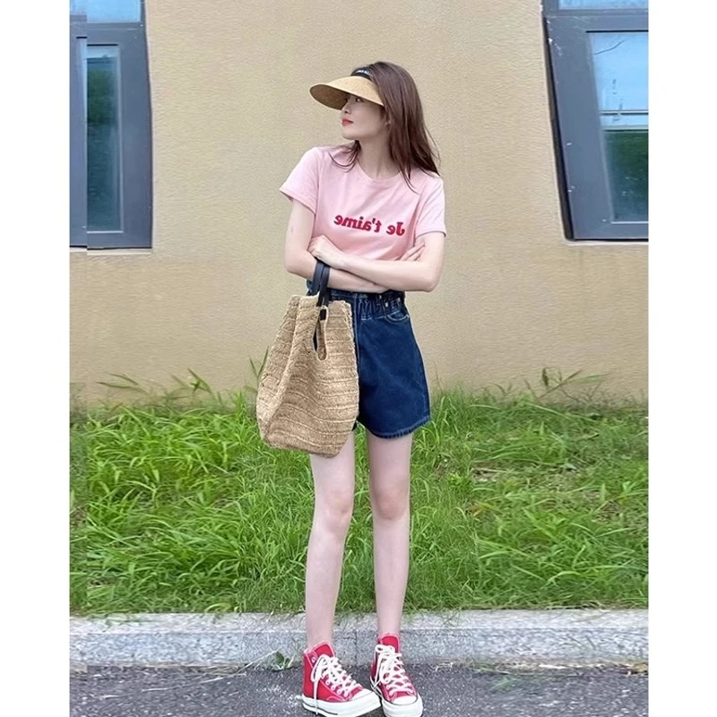 美式复古粉色纯棉短袖t恤女2024夏季新款女装设计感小众正肩上衣