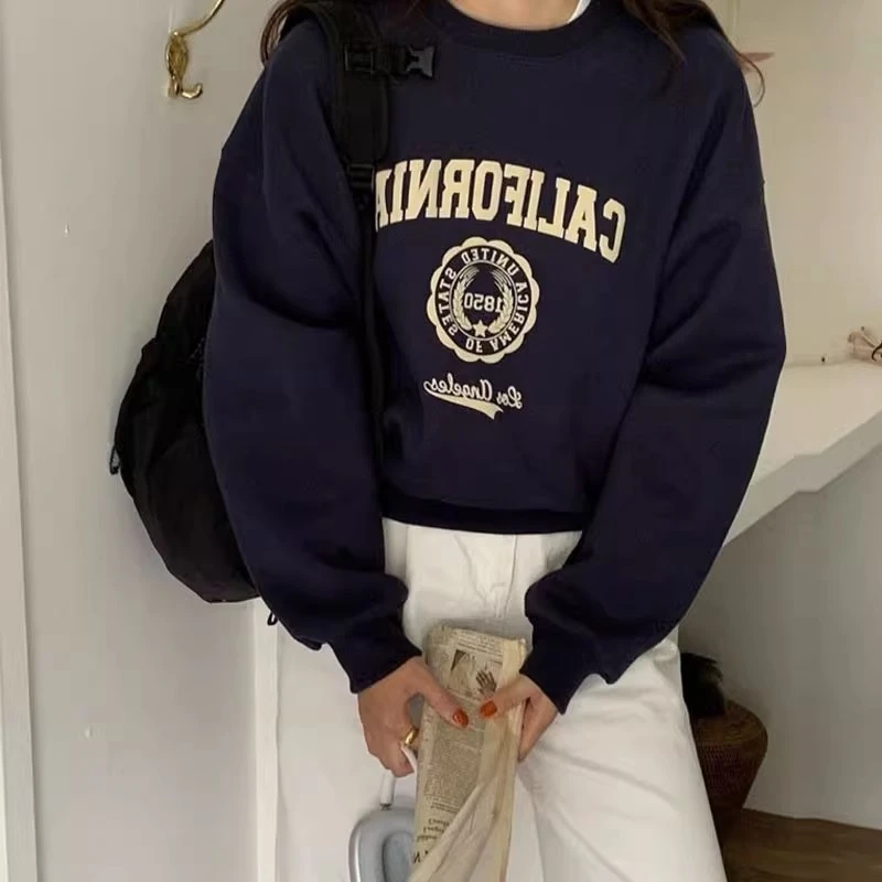 2024秋冬加厚短款宽松加绒打底内搭藏蓝色圆领卫衣小个子上衣女
