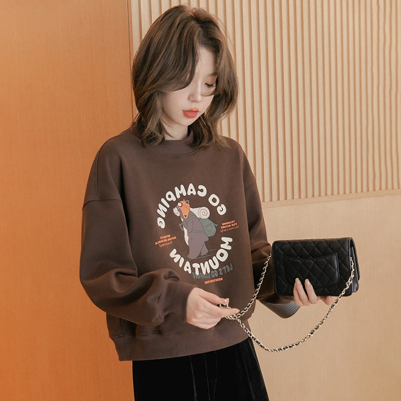 2024秋冬装新款复古圆领加绒加厚卫衣女宽松显瘦短款长袖上衣