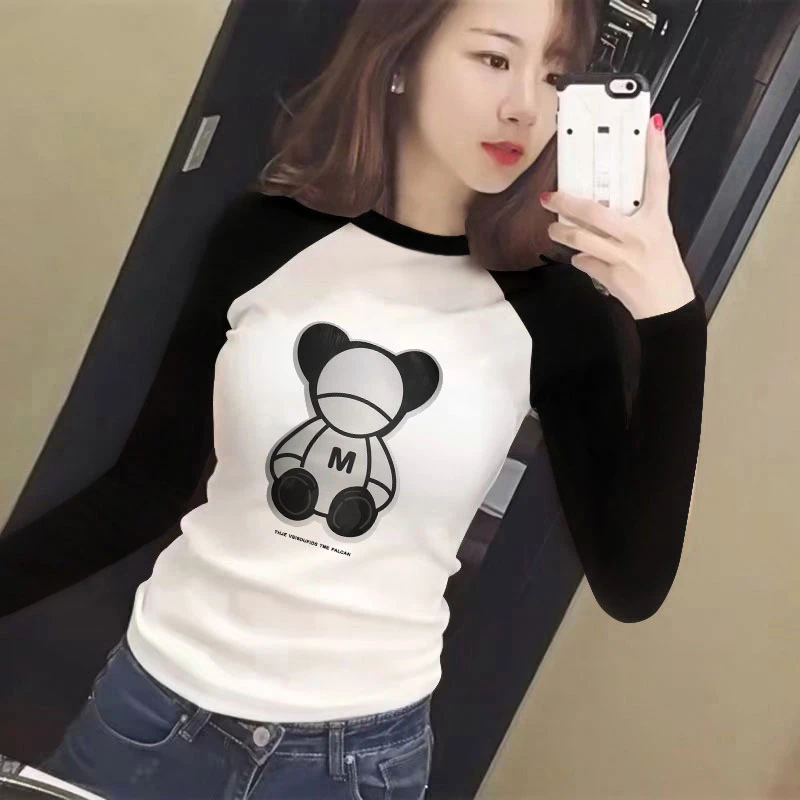 白色修身字母印花撞色长袖t恤2024春季女百搭显瘦打底衫上衣女ins