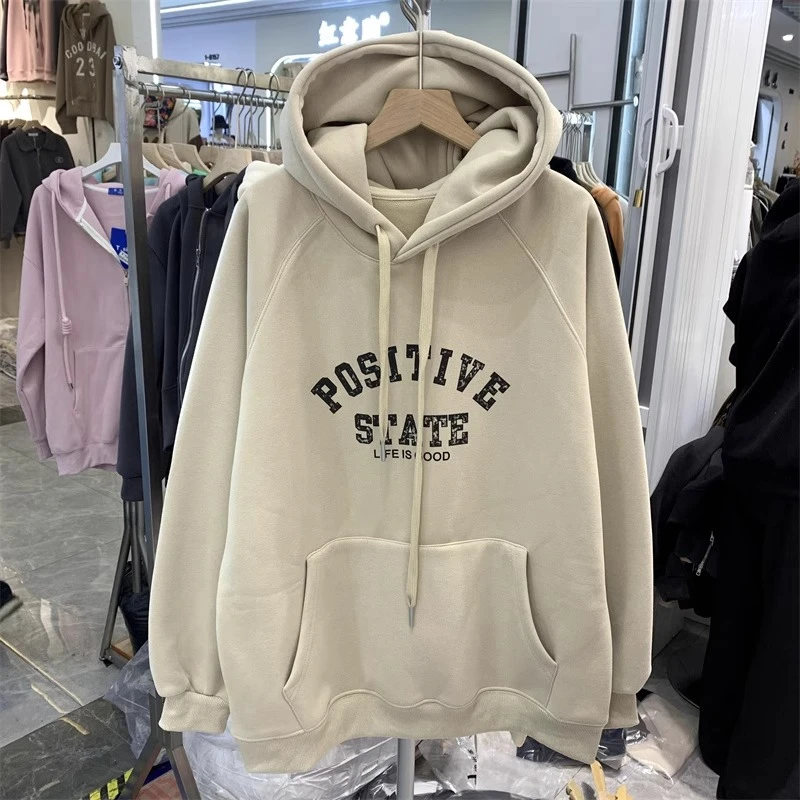 杏色宽松显瘦连帽加绒卫衣女冬ins中长款字母印花超火外套