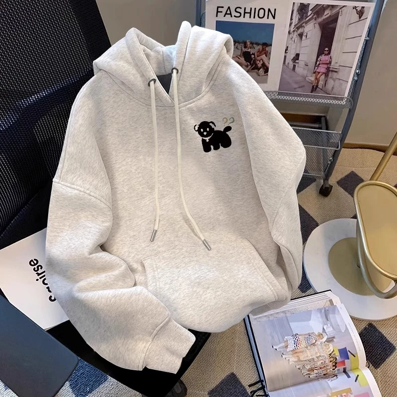 灰色连帽卫衣女秋冬2024新款加绒加厚宽松休闲套头帽衫冬季ins潮