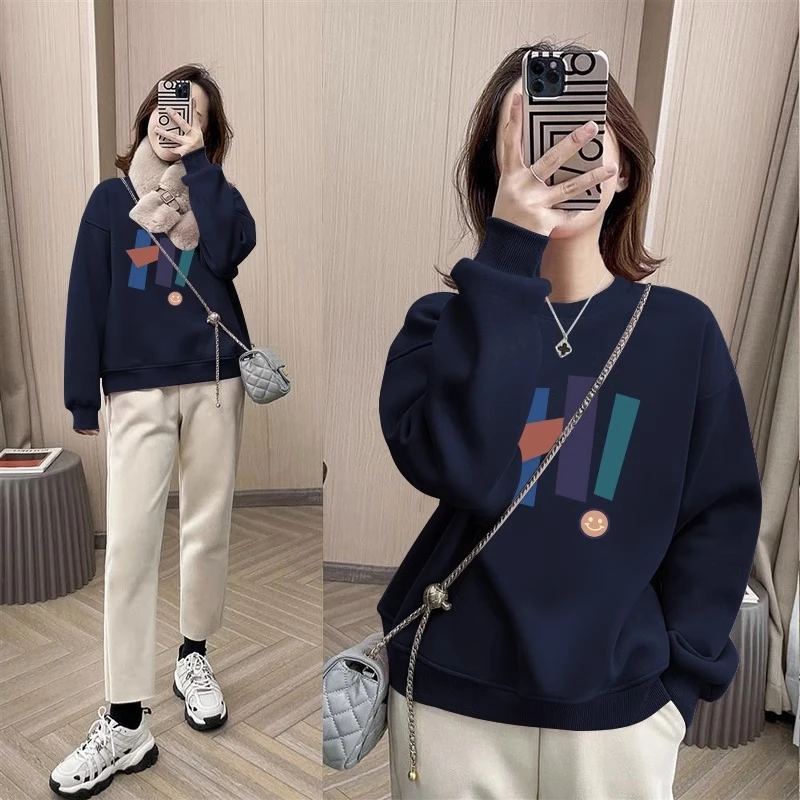 2023新款宽松棉圆领韩版无帽长袖时尚印花套头女士加绒加厚卫衣