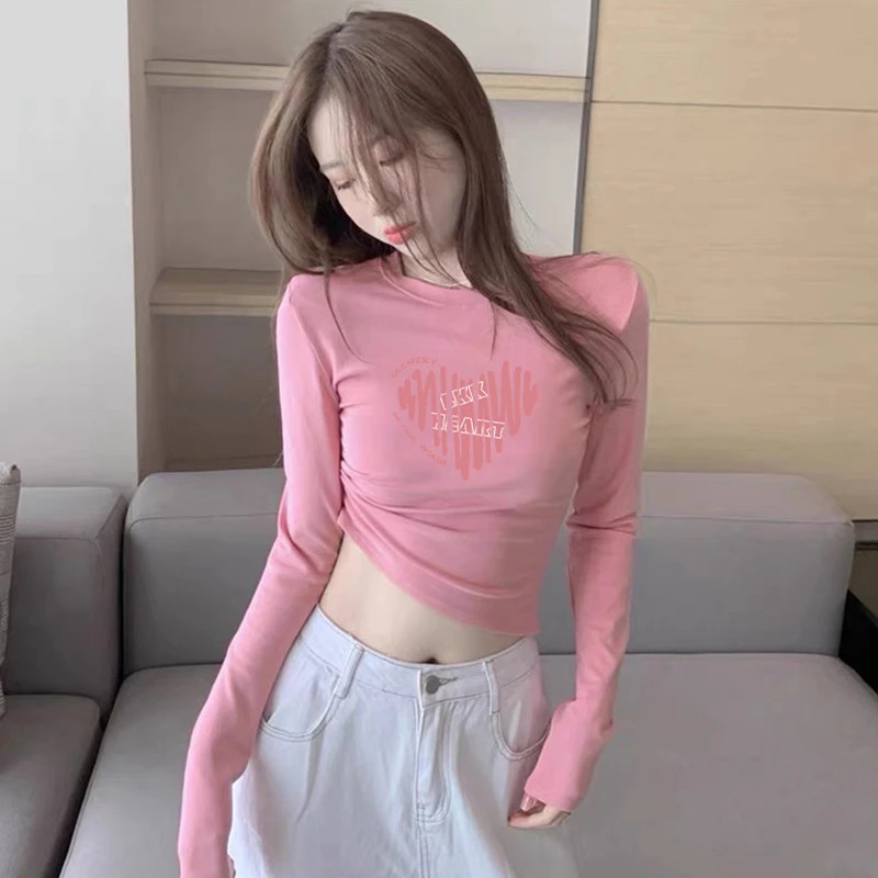 粉色紧身长袖t恤秋冬女短款高腰纯欲小个子修身打底衫上衣爆款潮