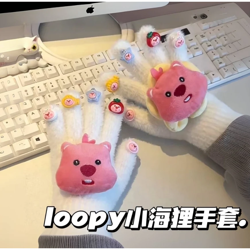 秋冬loopy小海狸头像手套kt猫手套可爱毛绒保暖卡通玩偶手套T553A