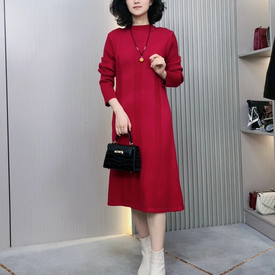 工厂清仓秋冬连衣裙捡漏圆领套头长袖针织女款气质优雅休闲装