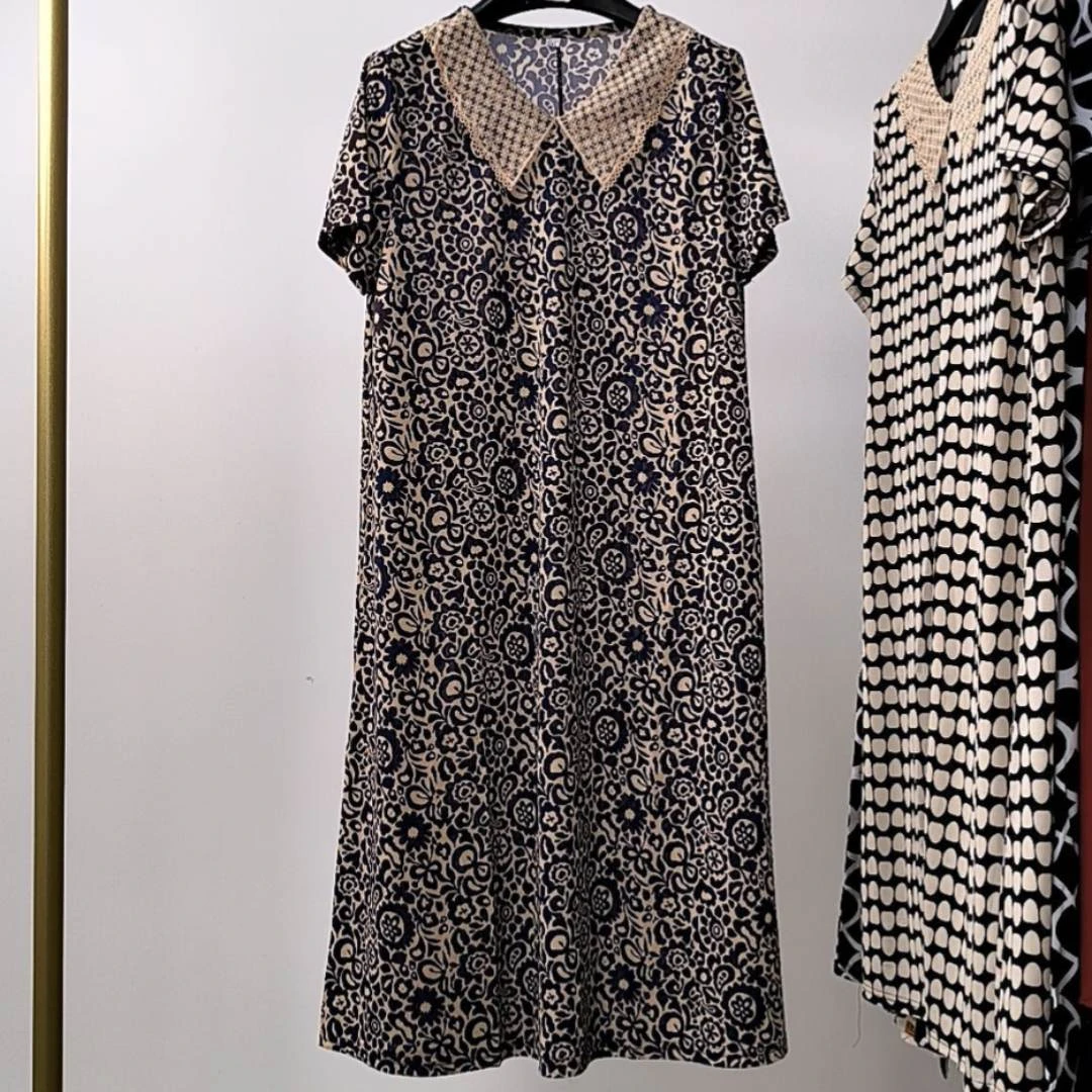 夏季清仓遮肉显瘦时尚百搭洋气中长款过膝短袖娃娃领连衣裙清仓