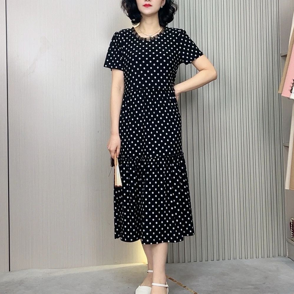 夏季时尚百搭洋气遮肉显瘦黑白波点中长款薄短袖连衣裙宽松连衣裙