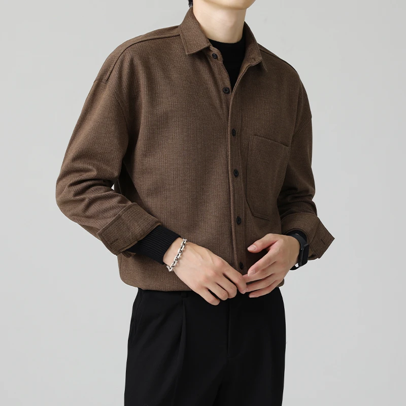 秋冬新款加厚纯色衬衫男工装长袖潮牌宽松毛呢衬衣休闲外套潮