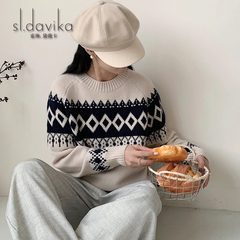 秋冬费尔岛系列圆领羊毛衫女装纯羊毛加厚宽松针织衫女款复古毛衣