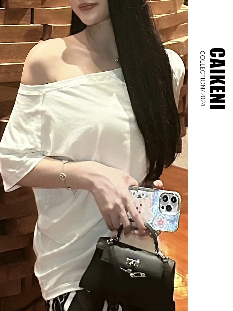 【清仓~】小众设计感露肩短袖T恤女夏季宽松休闲简约斜肩黑色上衣