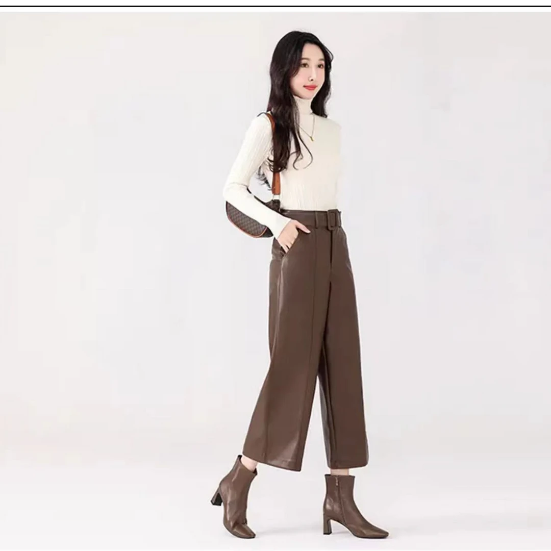 【海宁皮裤2311】高腰直筒时尚休闲百搭显瘦垂感绵羊皮九分阔腿裤