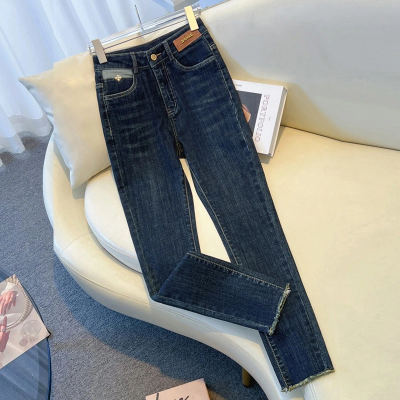 加绒牛仔裤女新款秋冬季高腰修身显瘦小脚裤弹力深色毛边铅笔裤子