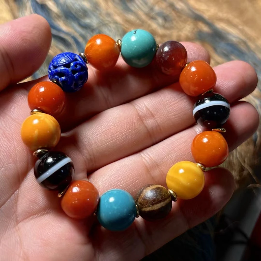 多彩琉璃圆珠手串，随机发