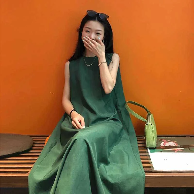 墨绿色有口袋a字长裙到脚踝宽松版显瘦后背系带无袖背心连衣裙yt
