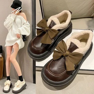厚底松糕蝴蝶结加绒小皮鞋女23年秋冬乐福鞋保暖舒适棉鞋潮