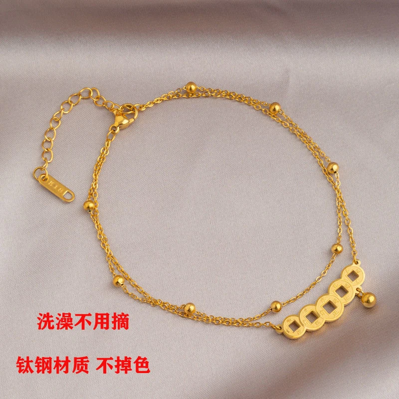 钛钢脚链 古风五帝钱脚链女双层ins轻奢气质爆款时尚百搭闺蜜个性