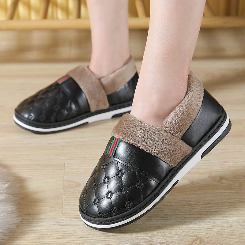 PU皮面棉拖鞋女厚底防滑包跟保暖加绒秋冬季加厚棉鞋冬天防水拖鞋