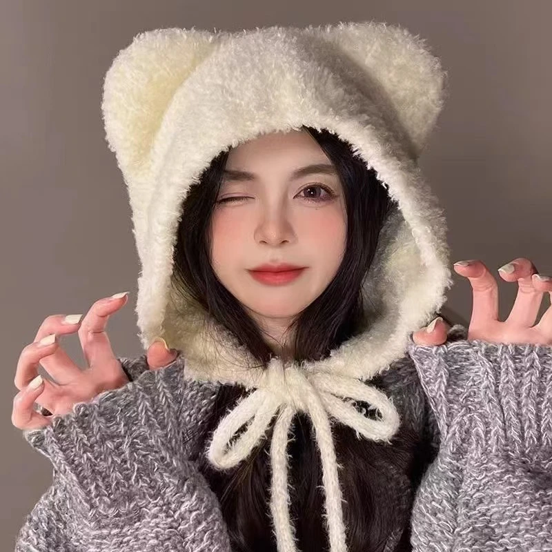 小熊耳朵毛线针织帽女冬季显脸小毛绒可爱护耳保暖绑带套头帽S21