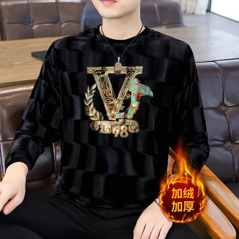 新款时尚潮牌美人大V亮片水波纹缎面金丝绒休闲男士长袖加绒卫衣