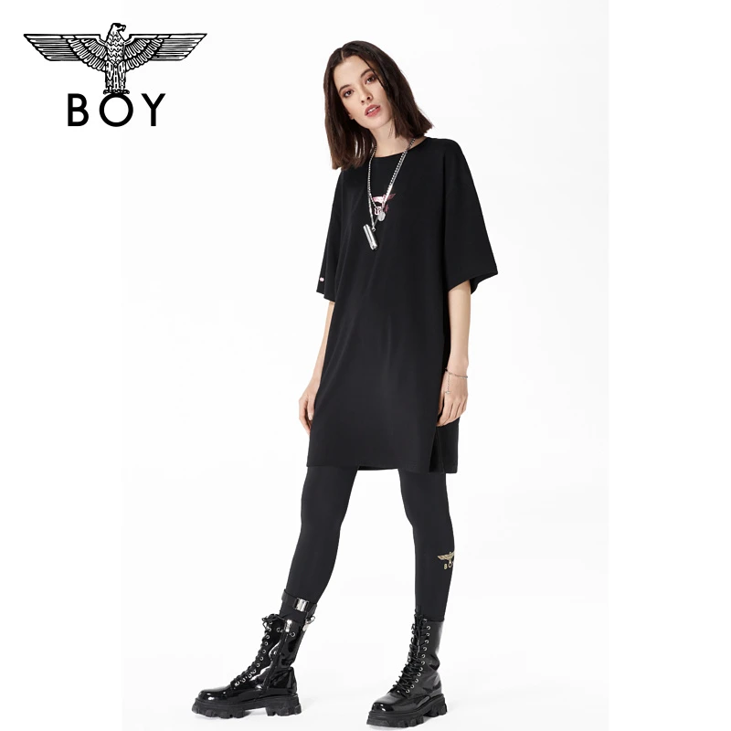 BOYLONDON 烫金LOGO情侣休闲女士黑色时尚弹性修身打底裤春W16001