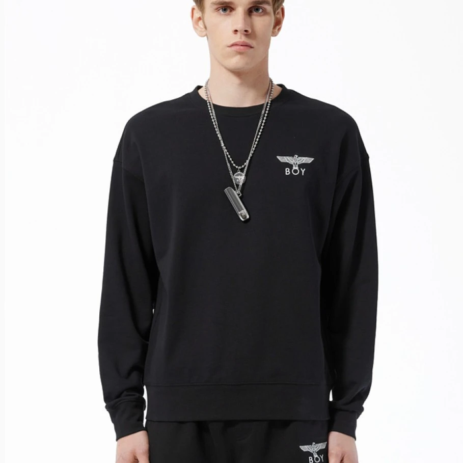 BOYLONDON春秋季休闲卫衣情侣同款黑色经典LOGO圆领套头衫N03026