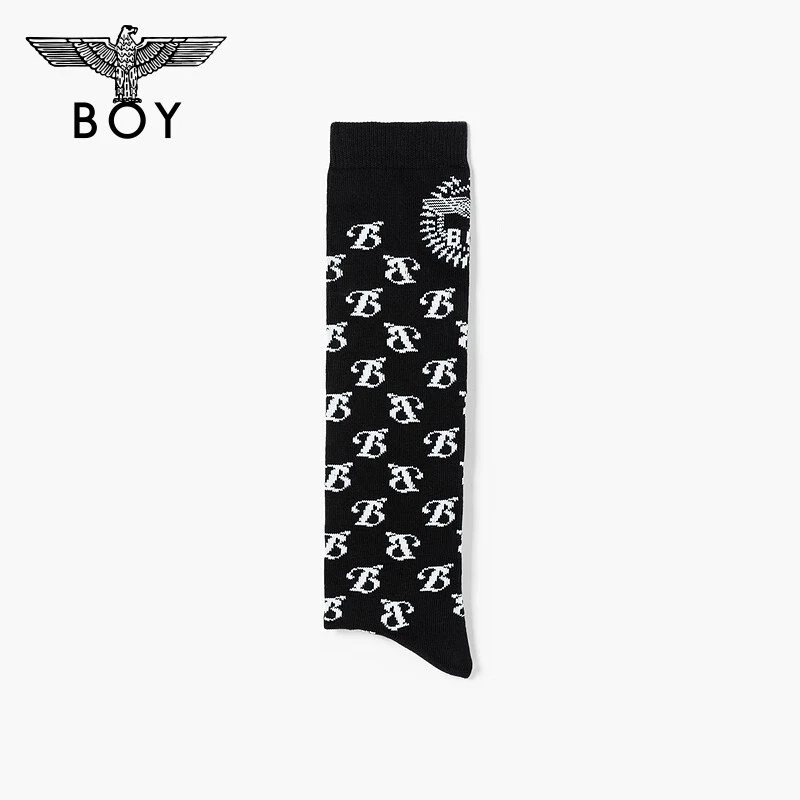 BOYLONDON春秋季情侣同款字母满印提花黑色潮牌针织长筒袜 N81009