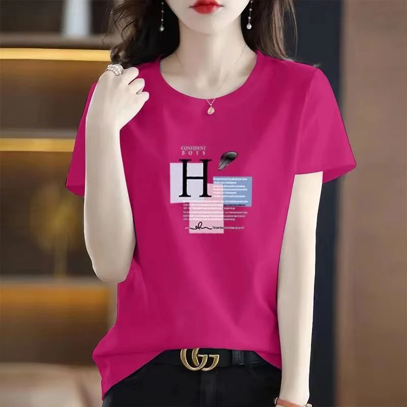 女款新款双块字母图案彩色纯棉短袖洋气时尚百搭显瘦宽松印花t恤