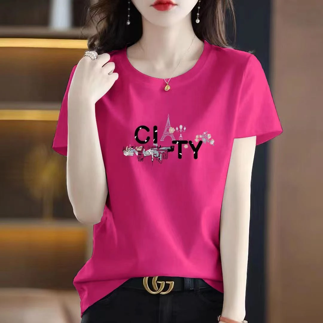 女款铁塔图案纯棉短袖印花夏季百搭时尚t恤显瘦圆领洋气休闲女士