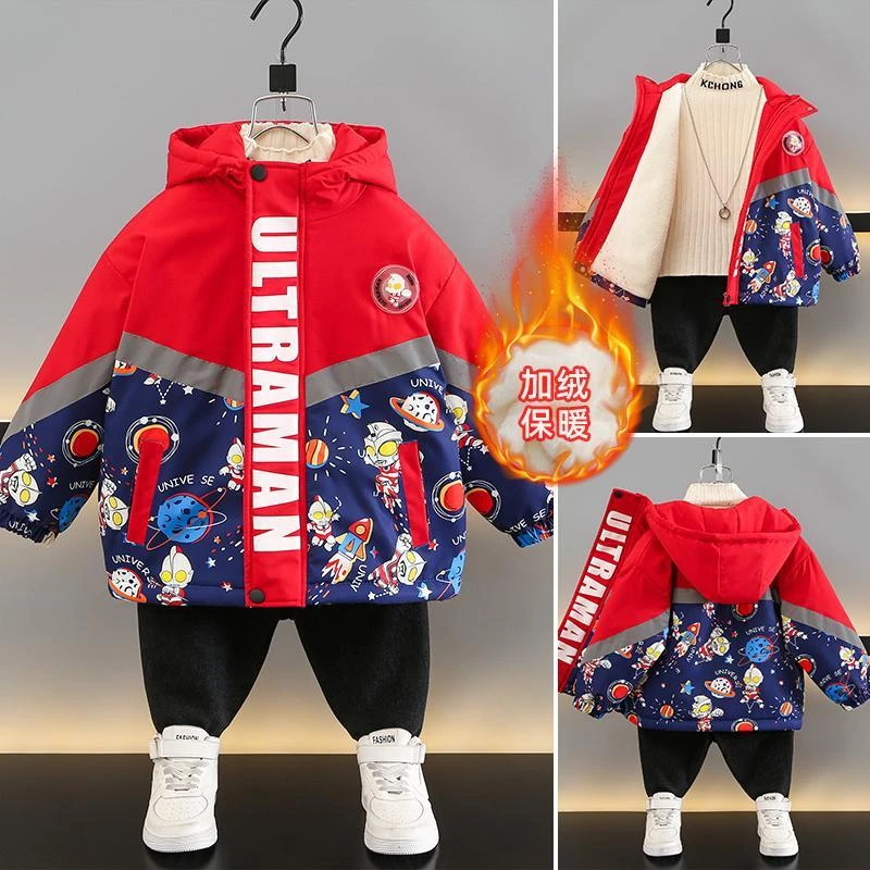 奥特曼男童冲锋衣儿童加绒加厚外套2023新款中小童洋气酷帅棉服TR